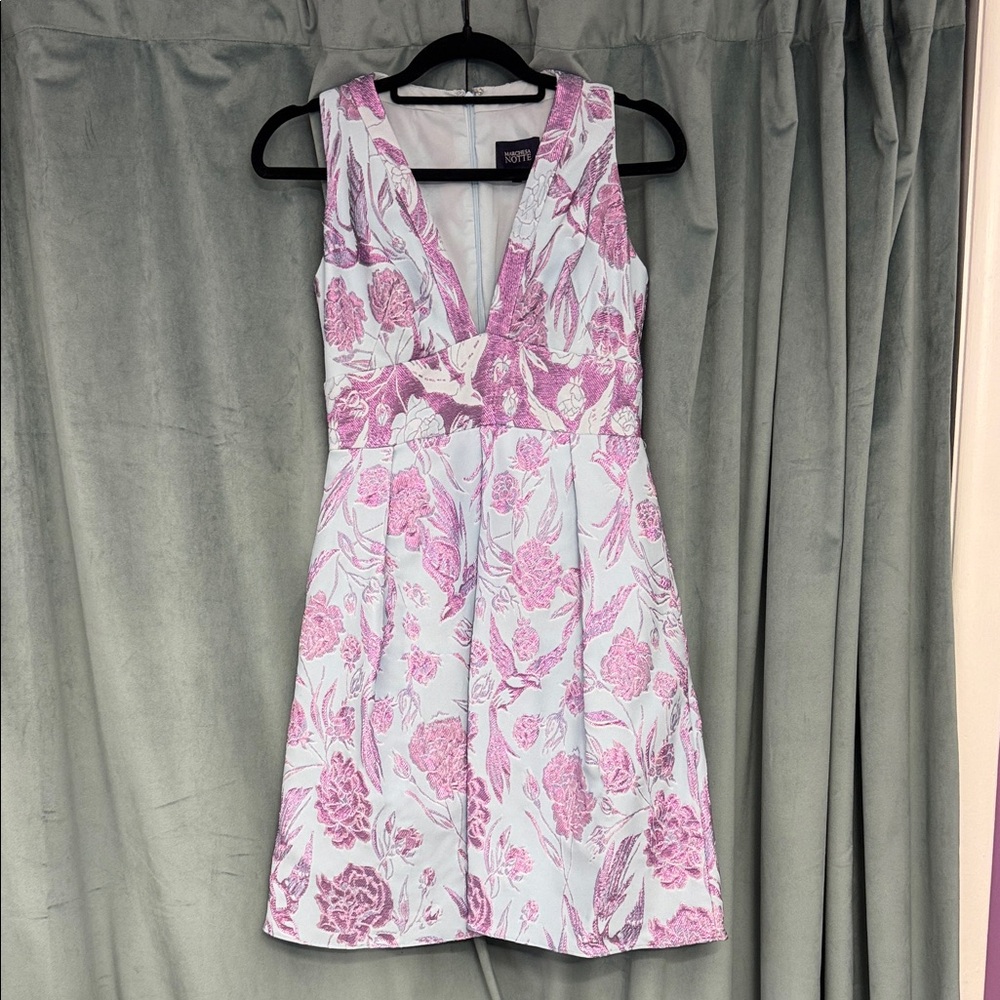 MARCHESA NOTTE Lovely Blue Dress with Pink Flowers